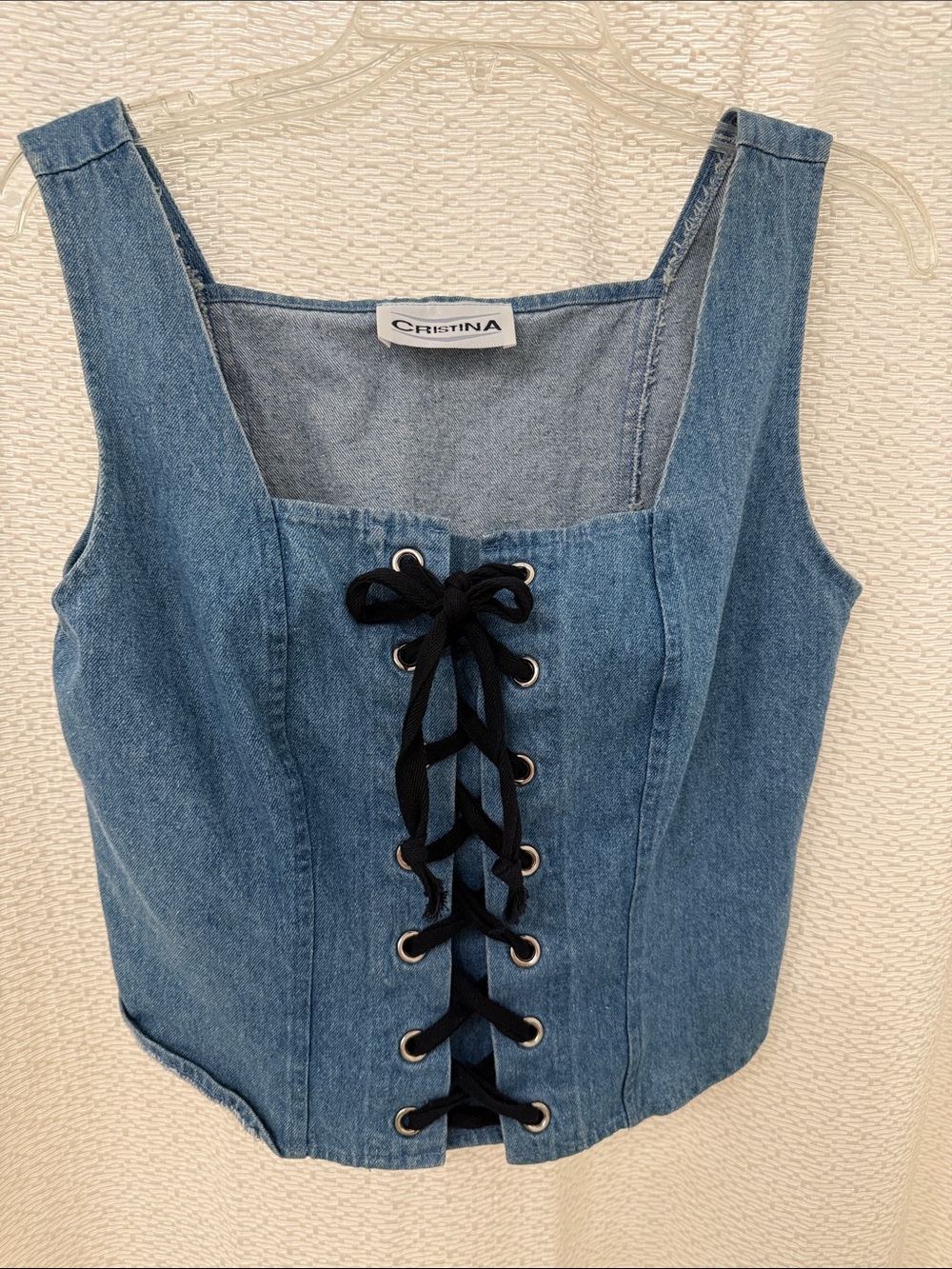 Christina Denim Lace-Up Camisole in Blue with Black Lacing